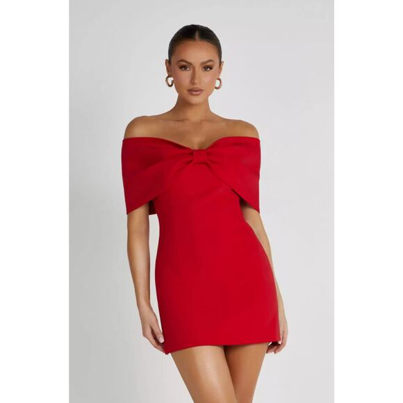 Meshki Dresses & Skirts - NEW Meshki Gwyneth Off Shoulder Bow Mini Dress in Red